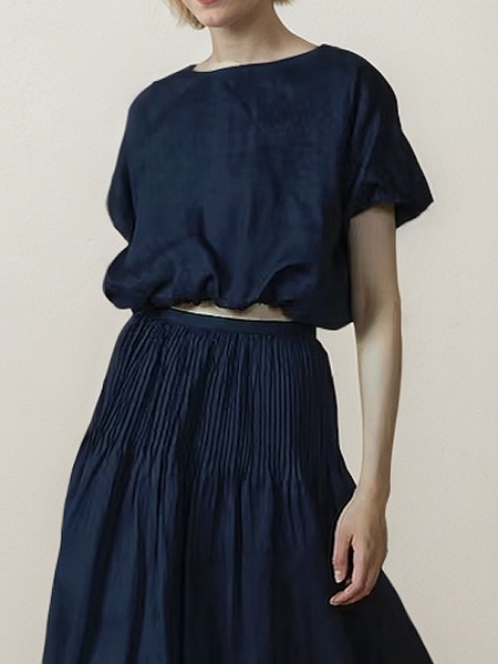 

Linen Casual Plain Crew Neck linen-cotton Blouse, Navyblue, Blouses & Shirts