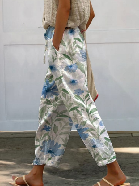 

Casual Comfort Plant Floral Cotton Long Pants, White, Pants