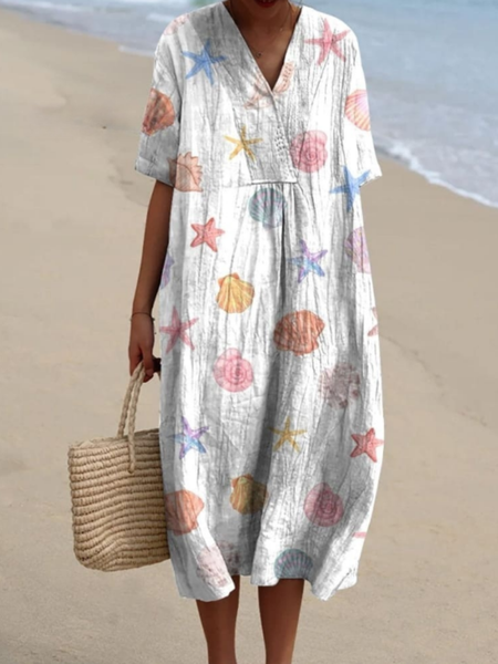 

Women Colorful Ocean Shells Pattern Comfy Casual Maxi Dress, White, Dresses