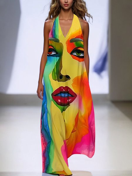 

Elegant Random Print Printing Loosen V Neck Maxi Dress, As picture, Maxi Dresses