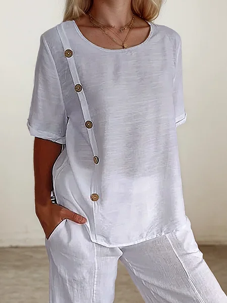 

Linen Casual Plain Crew Neck linen-cotton Blouse, Off white, Blouses & Shirts