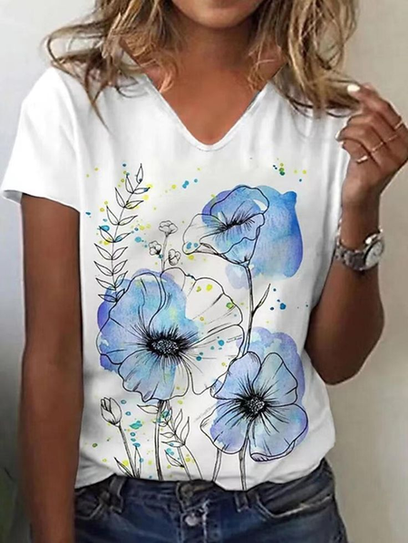 Women's Floral Print Casual V-Neck Short Sleeve T-Shirt, White, T-shirts