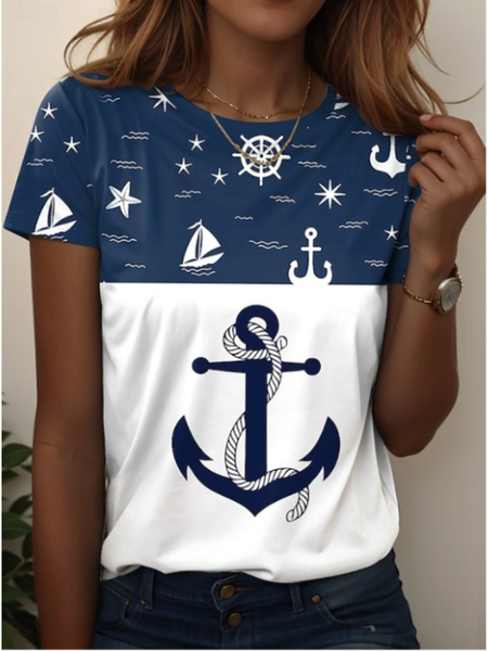 

Summer Ocean Anchor Pattern Crew Neck Long Sleeve T-shirt, Black, T-shirts