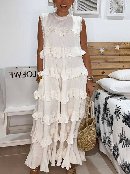 Cotton And Linen Casual Plain Peplum Stand Collar Maxi Dress, Off white, Maxi Dresses
