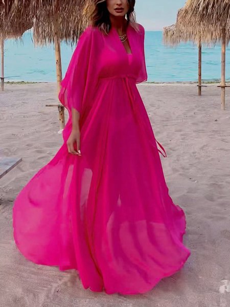 

Vacation Plain Raglan Sleeve V Neck Maxi Dress, Deep pink, Maxi Dresses