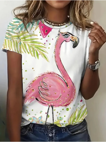 Casual Summer Flamingo Pattern Crew Neck Long Sleeve T-shirt, White, T-shirts