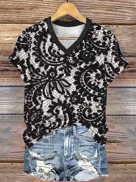 

Casual Floral V Neck Short Sleeve T-shirt, Black, T-shirts