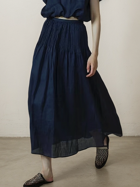 

Casual Plain linen-cotton Maxi Skirt, Navyblue, Skirts