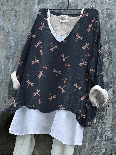 

Vintage Animal V Neck Long Sleeve T-shirt, Black, T-shirts