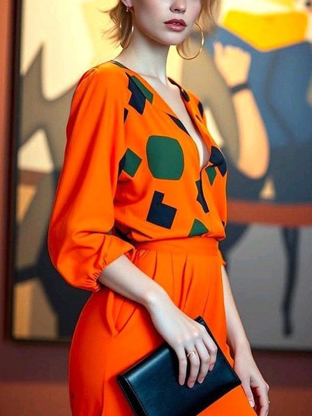 Casual Geometric Printing V Neck Loosen Blouse, Orange, Blouses and Shirts