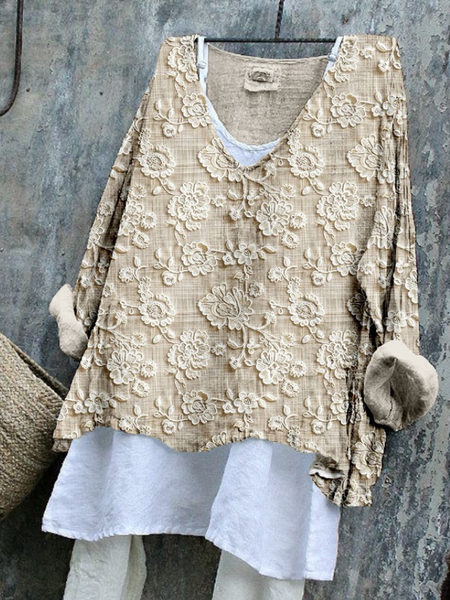 

Vintage Floral V Neck Long Sleeve T-shirt, As picture, T-shirts
