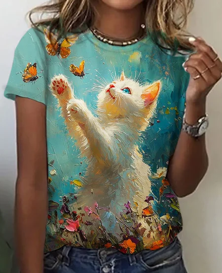 

Cat Vintage Print T-Shirt, Green, T-shirts
