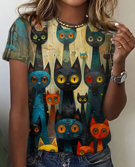 

Cat Vintage Print T-Shirt, Multicolor, T-shirts