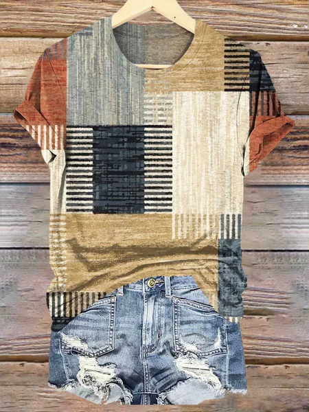 

Casual Color Block Pattern Crew Neck Short Sleeve T-shirt, Black, T-shirts