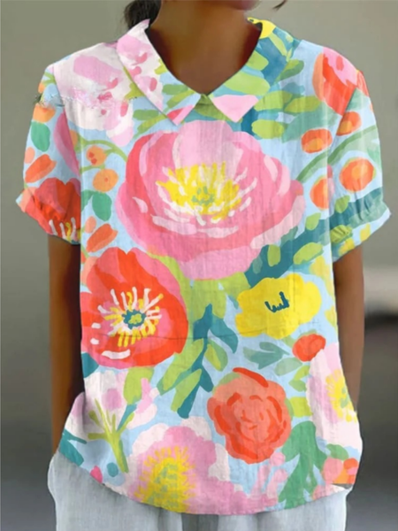 

Women's Vintage Floral Art Print Casual Cotton And Linen Blouse For Women, As picture, Blouses