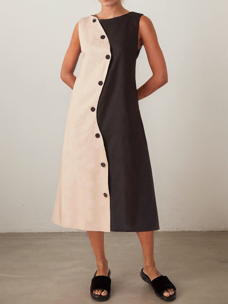 

Vacation Color Block Crew Neck linen-cotton Midi Dress, As picture, Maxi Dresses