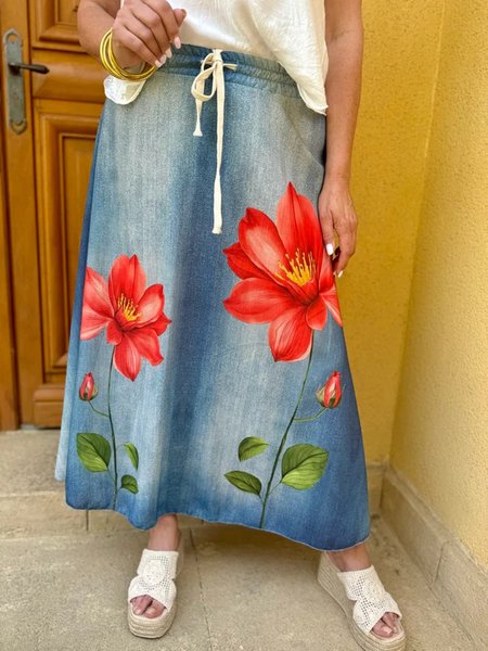 Casual Printing Floral Maxi Denim Skirt, Blue, Maxi Dresses