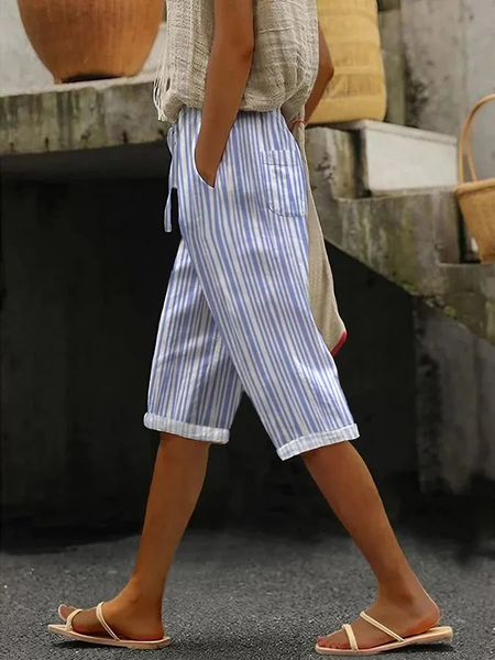 

Women Striped Fifth Pants Pant Casual Summer Trousers, Blue, Pants