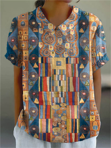 

Casual Lapel Short Sleeve Printed Shirt, As picture, Blouses