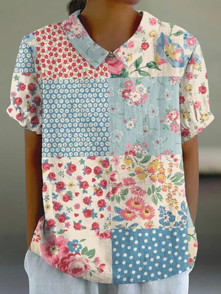 

Casual Lapel Short Sleeve Printed Shirt, As picture, Blouses