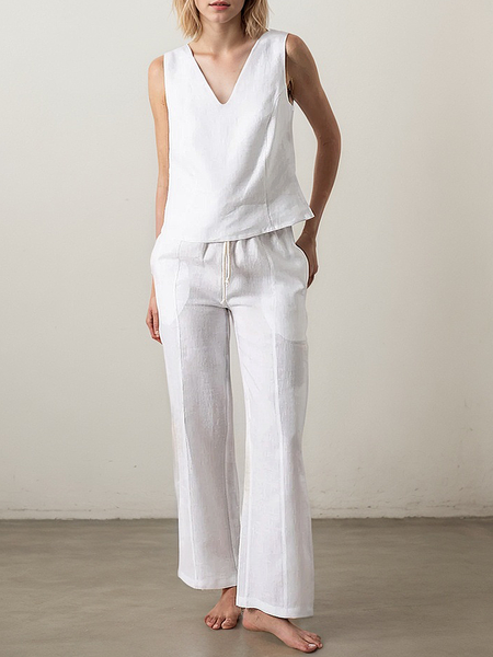 Casual Plain V Neck linen-cotton Two-Piece Set, White, Suits