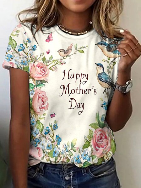

Casual Floral Crew Neck Short Sleeve T-shirt, Apricot, T-shirts