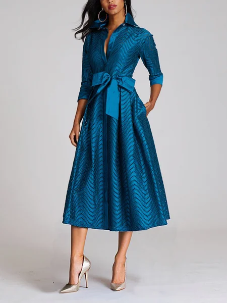 

Elegant Shirt Collar Maxi Party Dress With Belt, As picture, Maxi Dresses