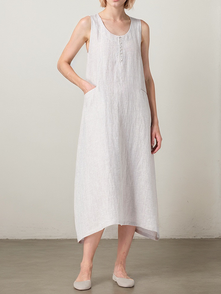 Casual Animal linen-cotton Midi Dress, As picture, Maxi Dresses
