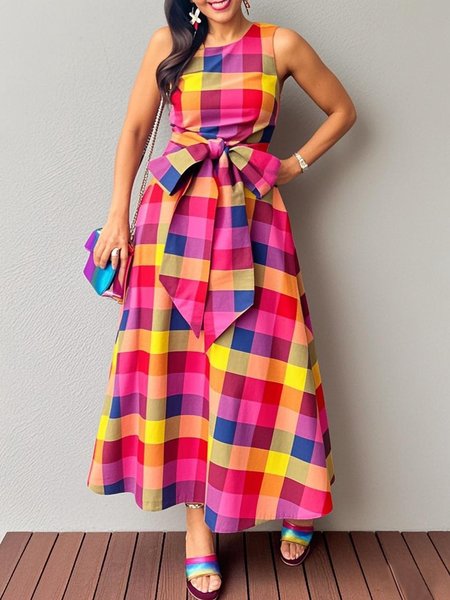 Urban Plaid Printing Crew Neck Maxi Dress With Belt, As picture, Maxi Dresses