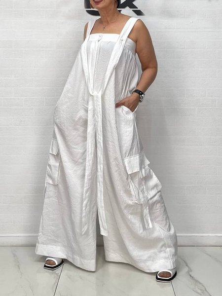 

Cotton Casual Plain Spaghetti Overall Bib Pants, White, Jumpsuits