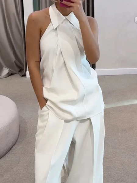 

Urban Plain Irregular Craftsmanship Halter Tank Top, White, Tanks and Camis