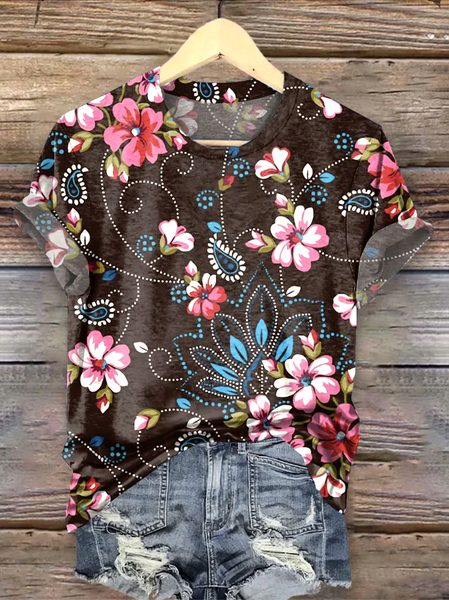 

Casual Floral Crew Neck Short Sleeve T-shirt, Brown, T-shirts