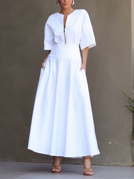 

Cotton Urban Plain Raglan Sleeve V Neck Maxi Dress, White, Maxi Dresses
