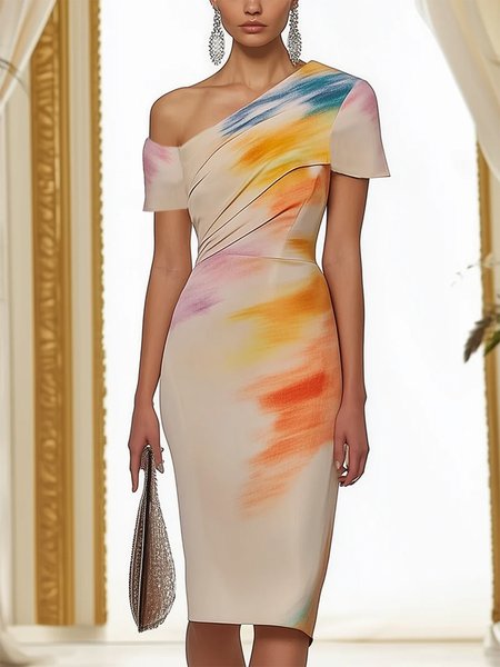 

Elegant Random Print Off Shoulder Sleeve Printing Asymmetrical Knee Length Dress, As picture, Midi Dresses