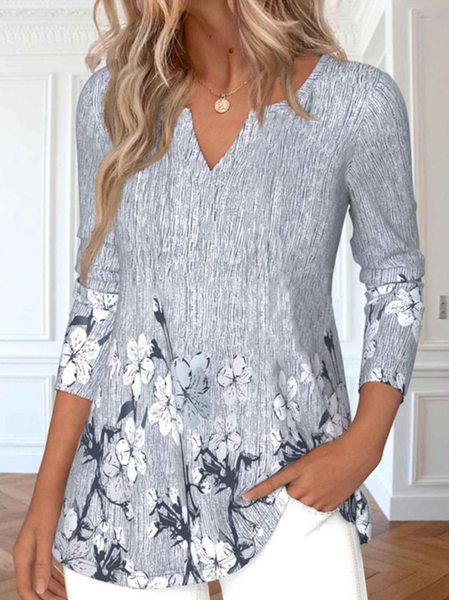 V Neck Long Sleeve Floral Regular Medium Elasticity Loose Blouse For Women, As picture, Blouses