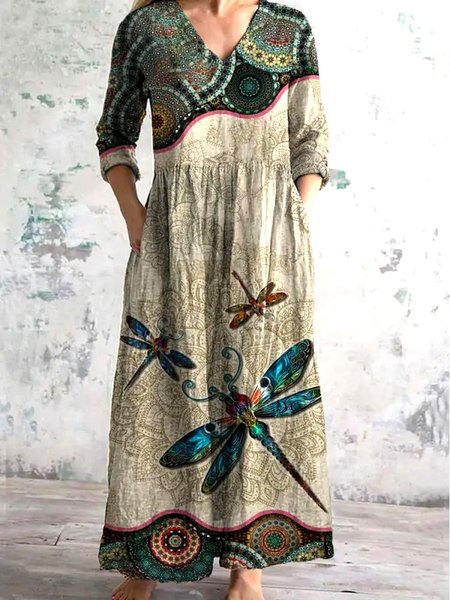 

Women Floral V Neck Long Sleeve Comfy Casual Maxi Dress, Khaki, Maxi