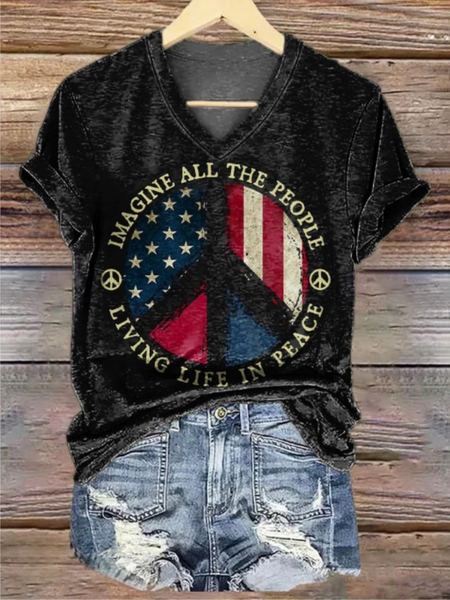 

Casual America Flag Printing Crew Neck Short Sleeve T-shirt, Black, T-shirts