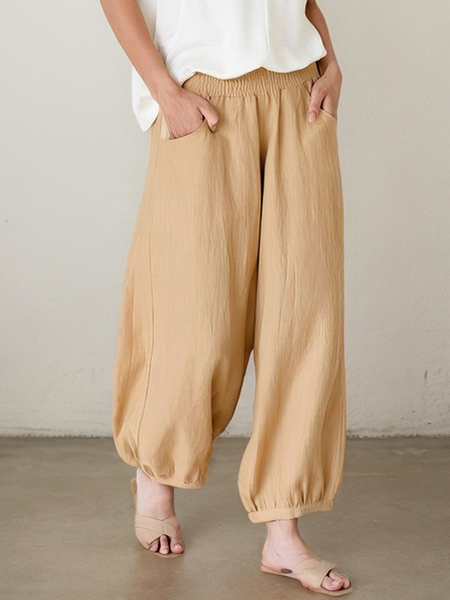 

Casual Plain Pocket Stitching linen-cotton Turnip Pants, Khaki, Pants