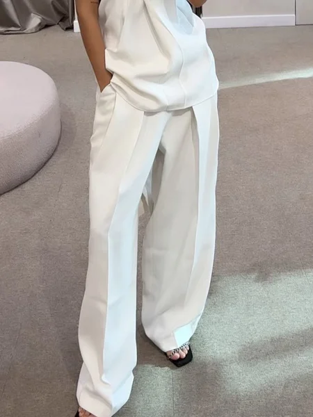 

Urban Plain Wide Leg Pants, White, Pants
