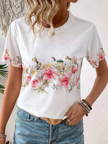 

Women Floral Short Sleeve Tee T-shirt Crew Neck Printing Casual Summer Graphic Tee Top, White, T-Shirts