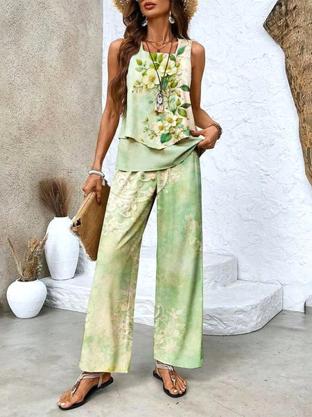 

Women Floral Crew Neck Sleeveless Comfy Casual Two-Piece Set, Lightgreen, Jumpsuits&Rompers
