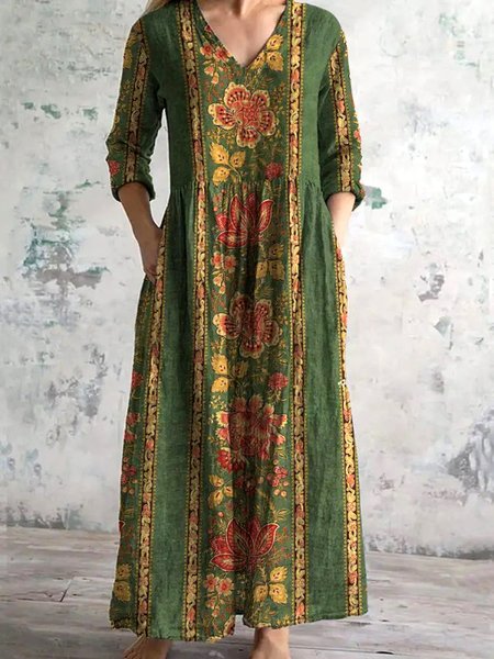 Women Floral V Neck Long Sleeve Comfy Casual Maxi Dress, Green, Maxi