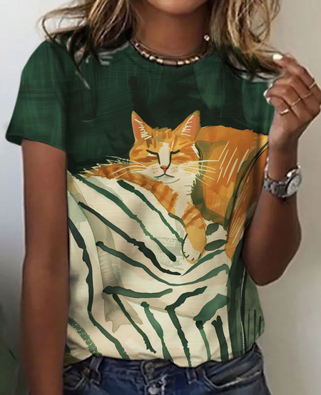 

Cat Vintage Print T-Shirt, Green, T-shirts