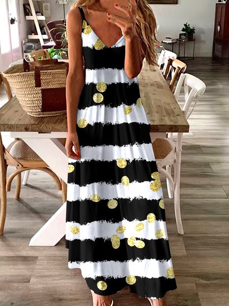 

Women Geometric Spaghetti Sleeveless Comfy Casual Maxi Dress, White, Maxi