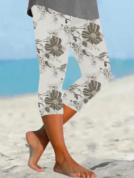 

Women's Floral Capris Elastic Waist Pant Casual Summer Trousers, As picture, Leggings