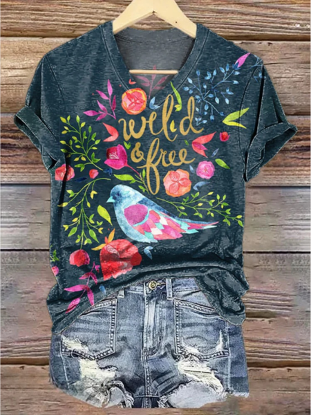 

Vintage Flower And Bird Pattern Crew Neck Short Sleeve T-shirt, Blue, T-shirts