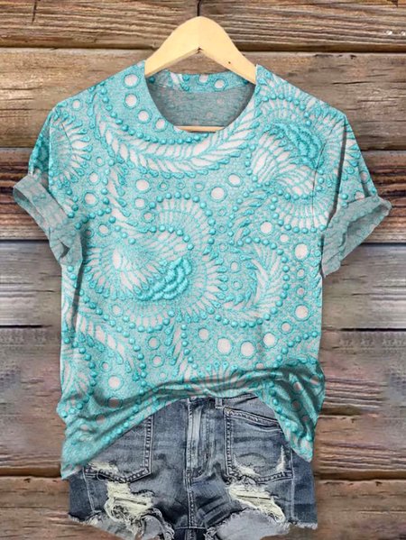 

Casual Floral Crew Neck Short Sleeve T-shirt, Lake blue, T-shirts