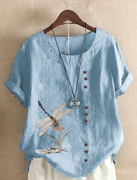 

Simple Cotton Animal Crew Neck Blouse, Blue, Blouses & Shirts