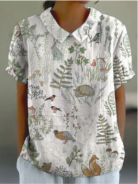 

Women's Cute Plant Art Print Casual Cotton And Linen Blouse For Women, White, Blouses