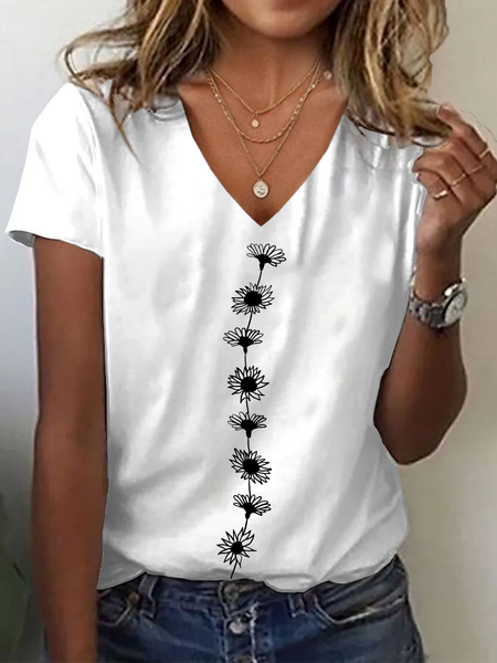 

Casual Floral V Neck Short Sleeve T-shirt, White, T-shirts